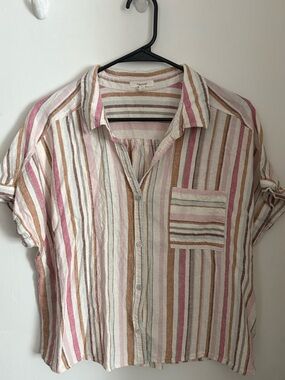 Maurices Striped Short-Sleeve Button-Down in Pink, Tan & Cream